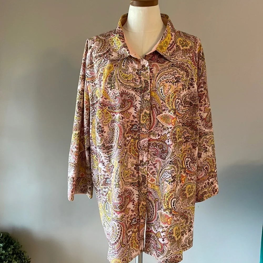 BASIC EDITIONS PLUS women’s paisley button up collared neckline 3/4 sleeve sz 4X